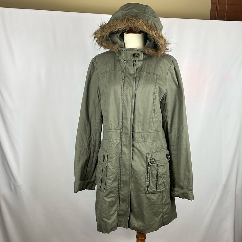 Rubbish Mid-Length Army Green Front Zip Hooded Utility Jacket/Coat - Size Large